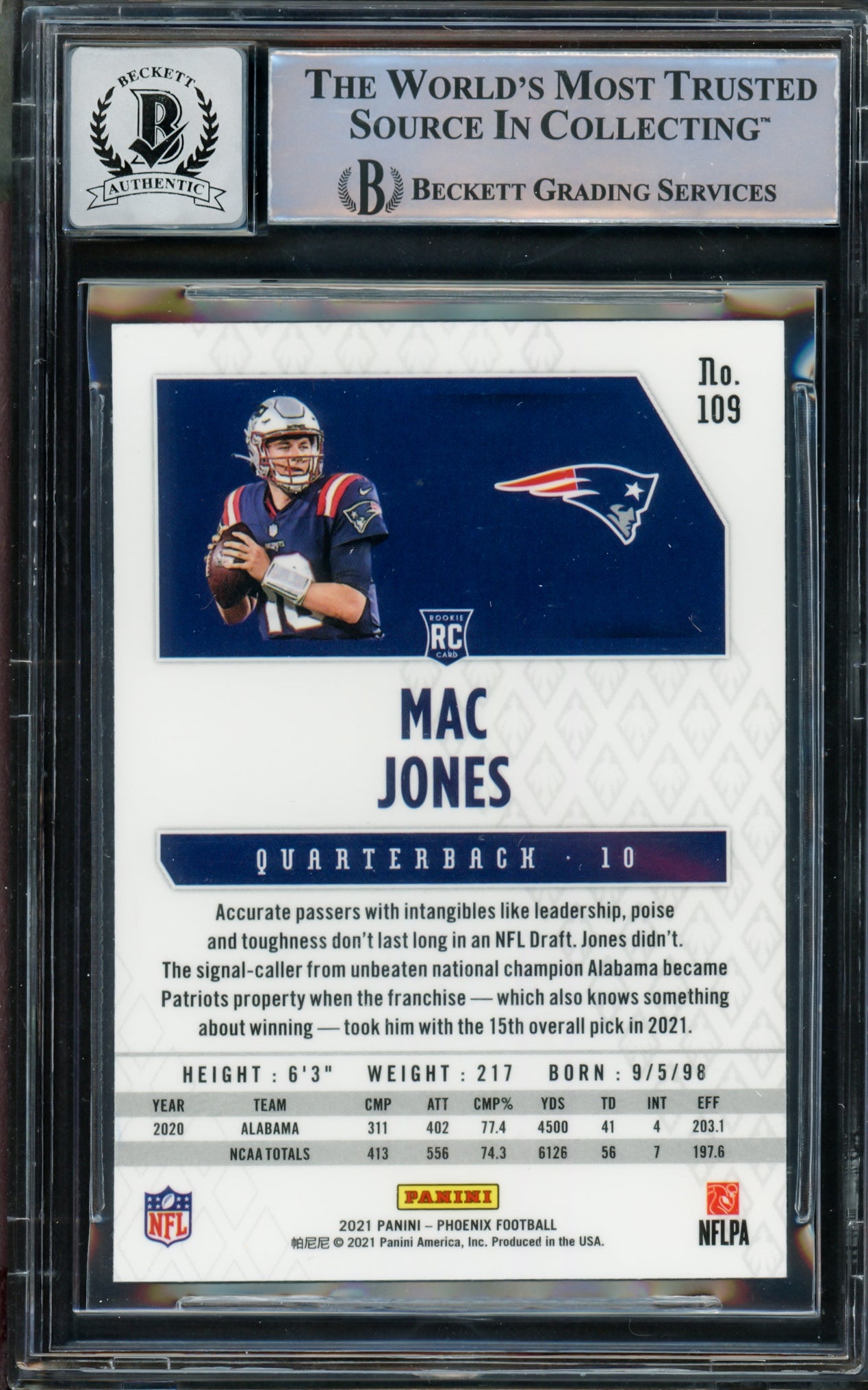 Mac Jones Autographed 2021 Panini Phoenix Fire Burst Rookie Card #109 New England Patriots Auto Grade Gem Mint 10 Beckett BAS #14867303