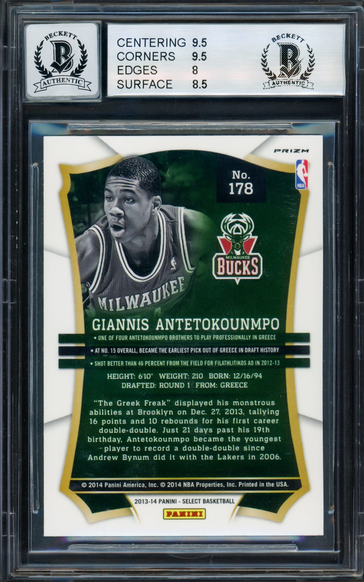 Giannis Antetokounmpo Autographed 2013-14 Panini Select Prizms Rookie Card #178 Milwaukee Bucks BGS 8.5 Auto Grade Gem Mint 10 "Greek Freak" Beckett BAS #14323695