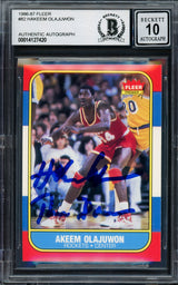 Hakeem Olajuwon Autographed 1986-87 Fleer Rookie Card #82 Houston Rockets Auto Grade Gem Mint 10 "The Dream" Beckett BAS #14127420