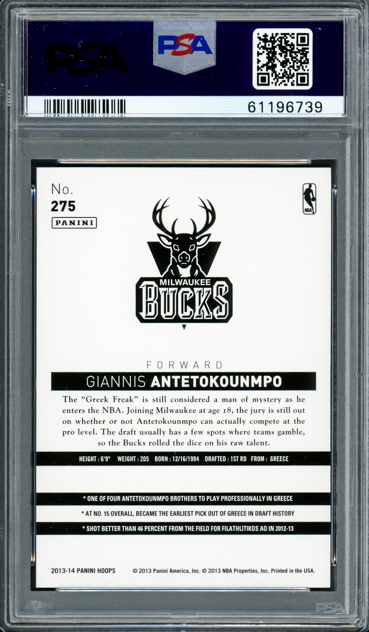 Giannis Antetokounmpo Autographed 2013 Panini Hoops Rookie Card #275 Milwaukee Bucks PSA 9 Auto Grade Mint 9 PSA/DNA #61196739