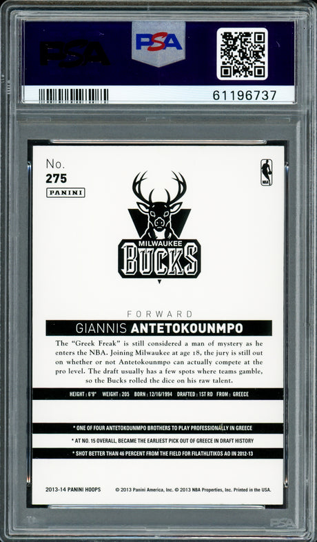 Giannis Antetokounmpo Autographed 2013 Panini Hoops Rookie Card #275 Milwaukee Bucks PSA 9 PSA/DNA #61196737