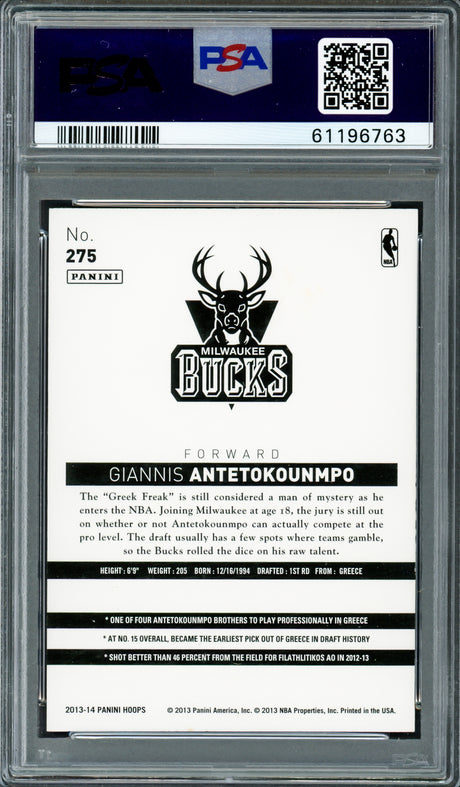 Giannis Antetokounmpo Autographed 2013 Panini Hoops Rookie Card #275 Milwaukee Bucks PSA 8 Auto Grade Gem Mint 10 PSA/DNA #61196763