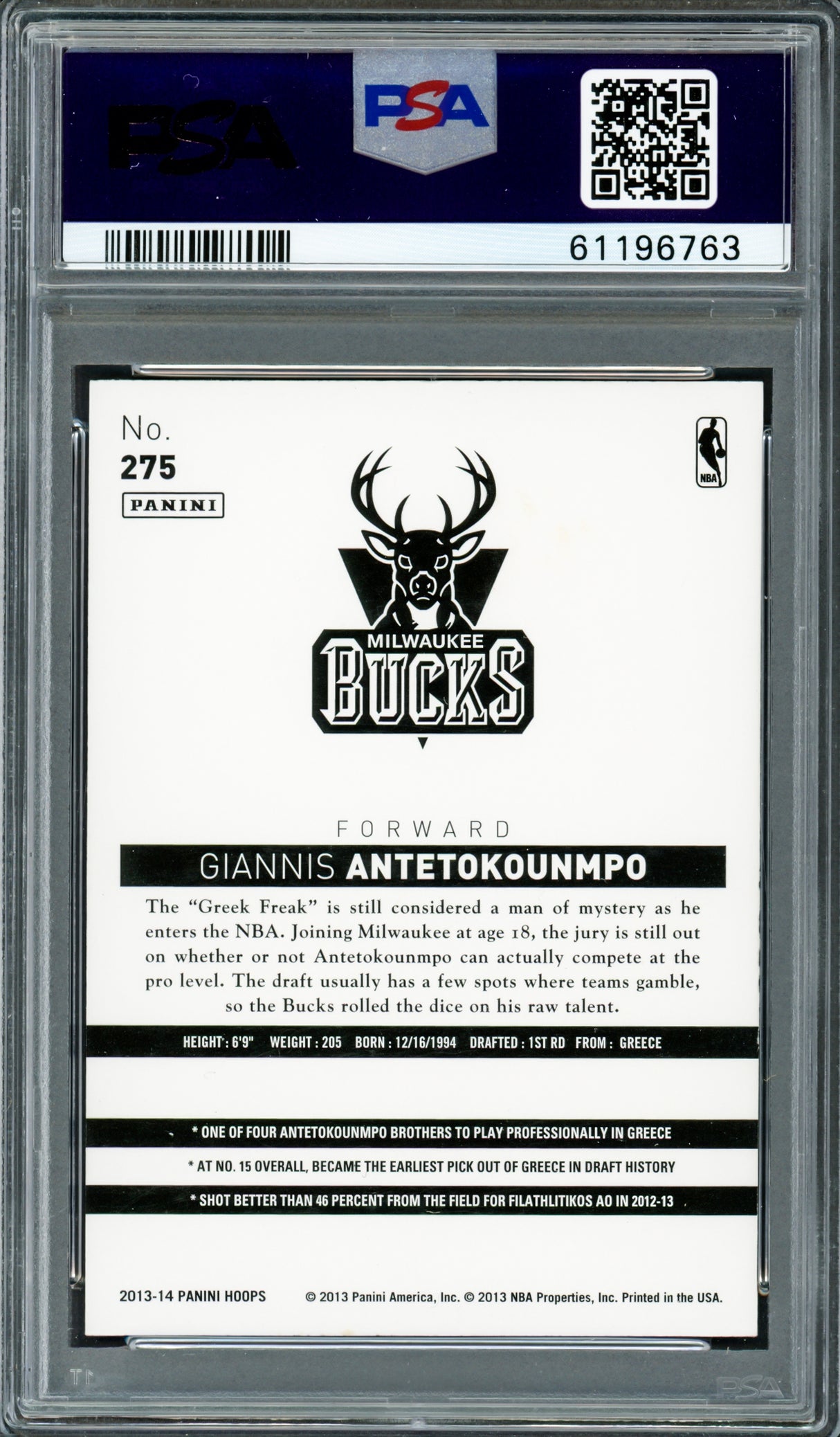 Giannis Antetokounmpo Autographed 2013 Panini Hoops Rookie Card #275 Milwaukee Bucks PSA 8 Auto Grade Gem Mint 10 PSA/DNA #61196763