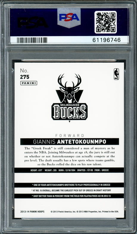 Giannis Antetokounmpo Autographed 2013 Panini Hoops Rookie Card #275 Milwaukee Bucks PSA 8 Auto Grade Gem Mint 10 PSA/DNA #61196746