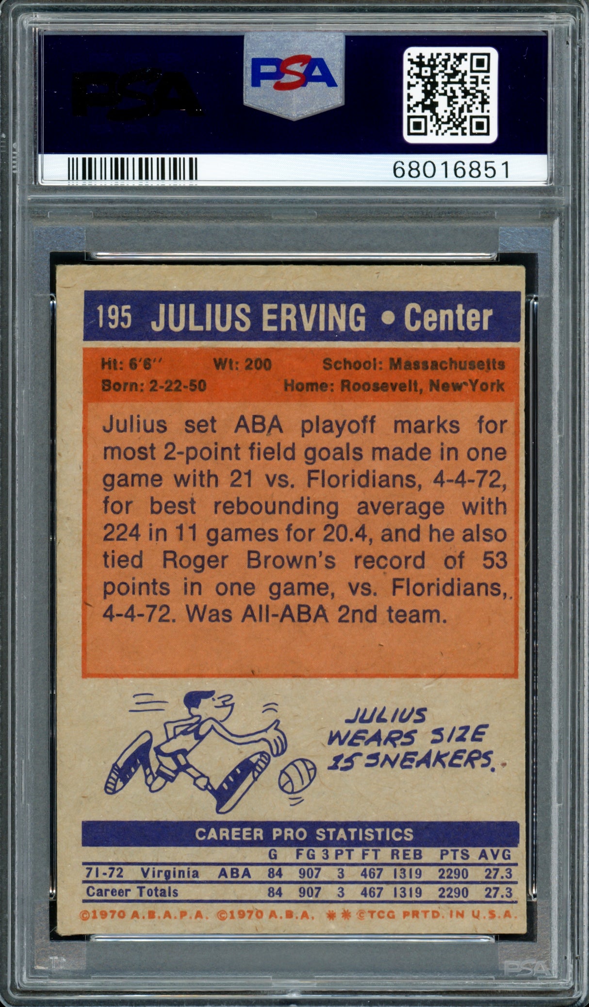 Julius Dr. J Erving Autographed 1972-73 Topps Rookie Card #195 Philadelphia 76ers PSA 5 Auto Grade Gem Mint 10 PSA/DNA #68016851