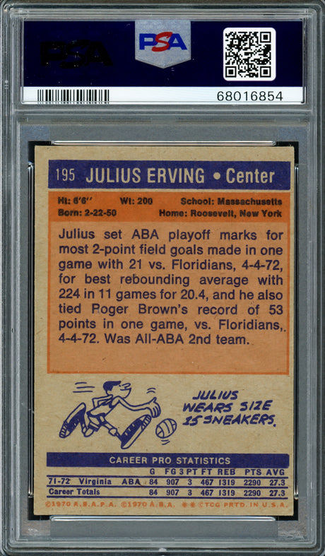 Julius Erving Autographed 1972-73 Topps Rookie Card #195 Philadelphia 76ers PSA 5 Auto Grade Gem Mint 10 PSA/DNA #68016854