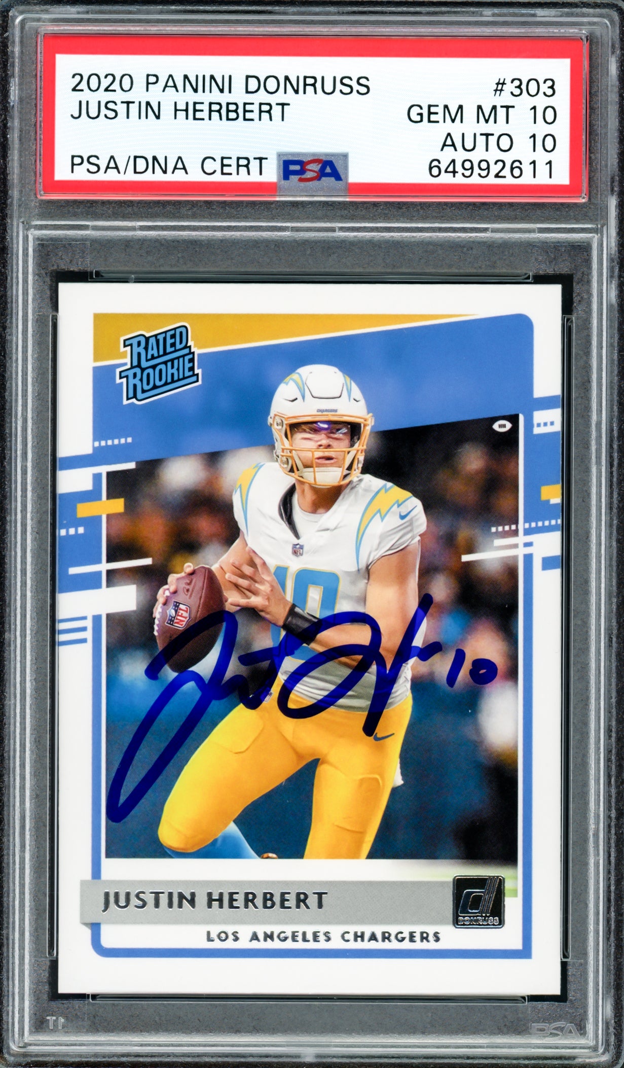 Justin Herbert Autographed 2020 Panini Donruss Rated Rookie Card #303 Los Angeles Chargers PSA 10 Auto Grade Gem Mint 10 PSA/DNA #64992611