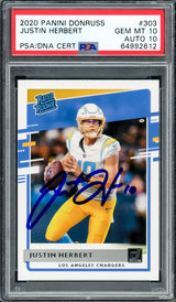 Justin Herbert Autographed 2020 Panini Donruss Rated Rookie Card #303 Los Angeles Chargers PSA 10 Auto Grade Gem Mint 10 PSA/DNA #64992612