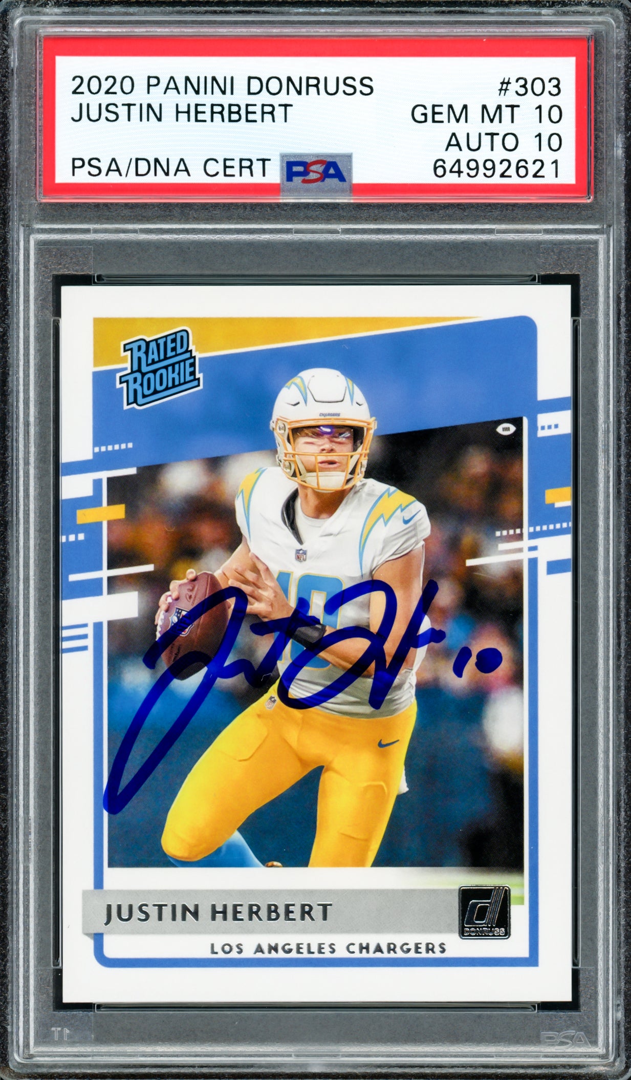 Justin Herbert Autographed 2020 Panini Donruss Rated Rookie Card #303 Los Angeles Chargers PSA 10 Auto Grade Gem Mint 10 PSA/DNA #64992621