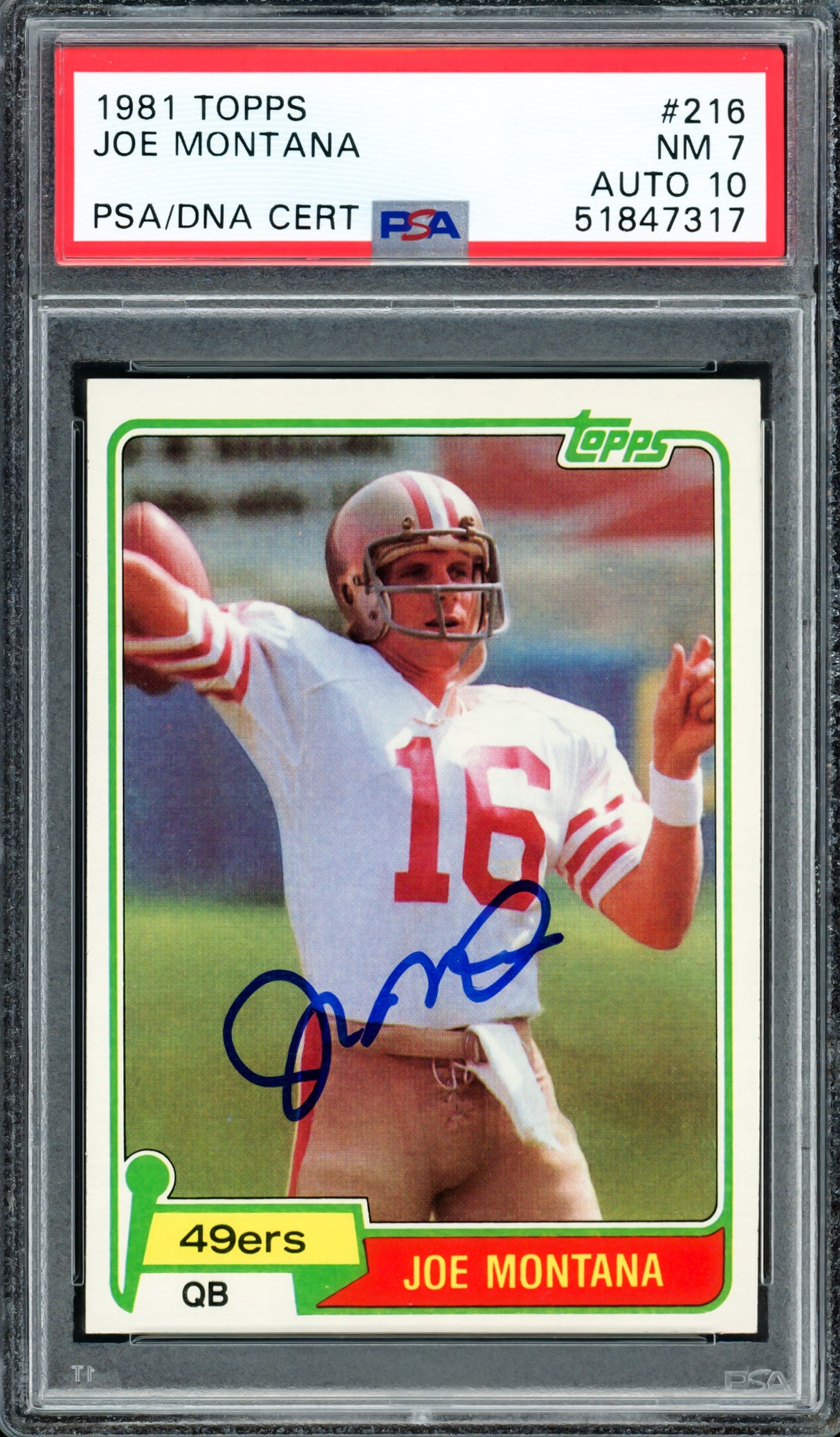 Joe Montana Autographed 1981 Topps Rookie Card #216 San Francisco 49ers PSA 7 Auto Grade Gem Mint 10 PSA/DNA #51847317