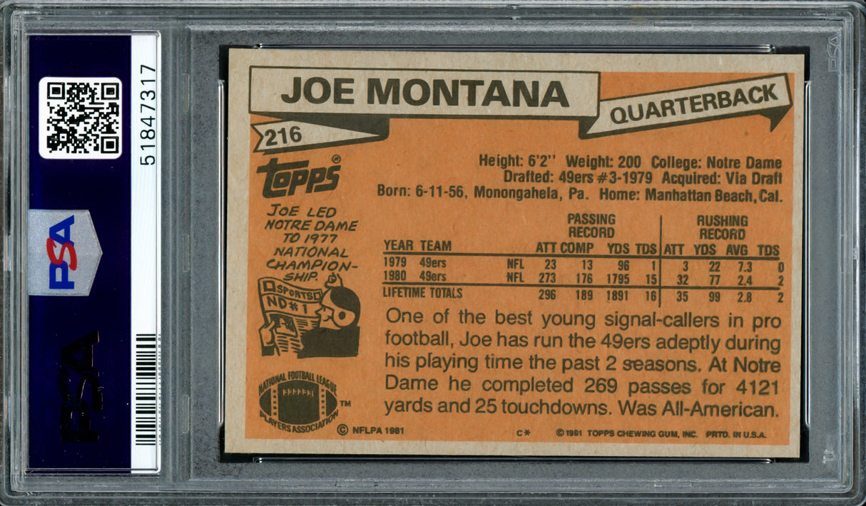 Joe Montana Autographed 1981 Topps Rookie Card #216 San Francisco 49ers PSA 7 Auto Grade Gem Mint 10 PSA/DNA #51847317