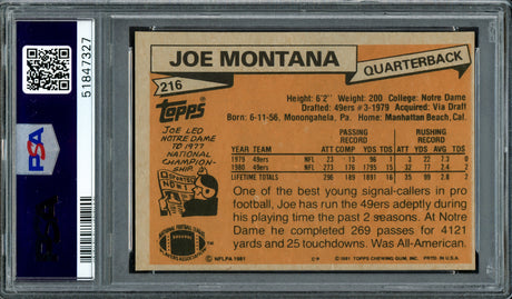 Joe Montana Autographed 1981 Topps Rookie Card #216 San Francisco 49ers PSA 5 Auto Grade Gem Mint 10 PSA/DNA #51847327