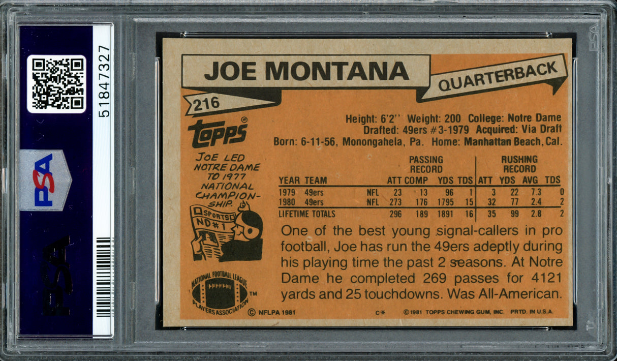 Joe Montana Autographed 1981 Topps Rookie Card #216 San Francisco 49ers PSA 5 Auto Grade Gem Mint 10 PSA/DNA #51847327