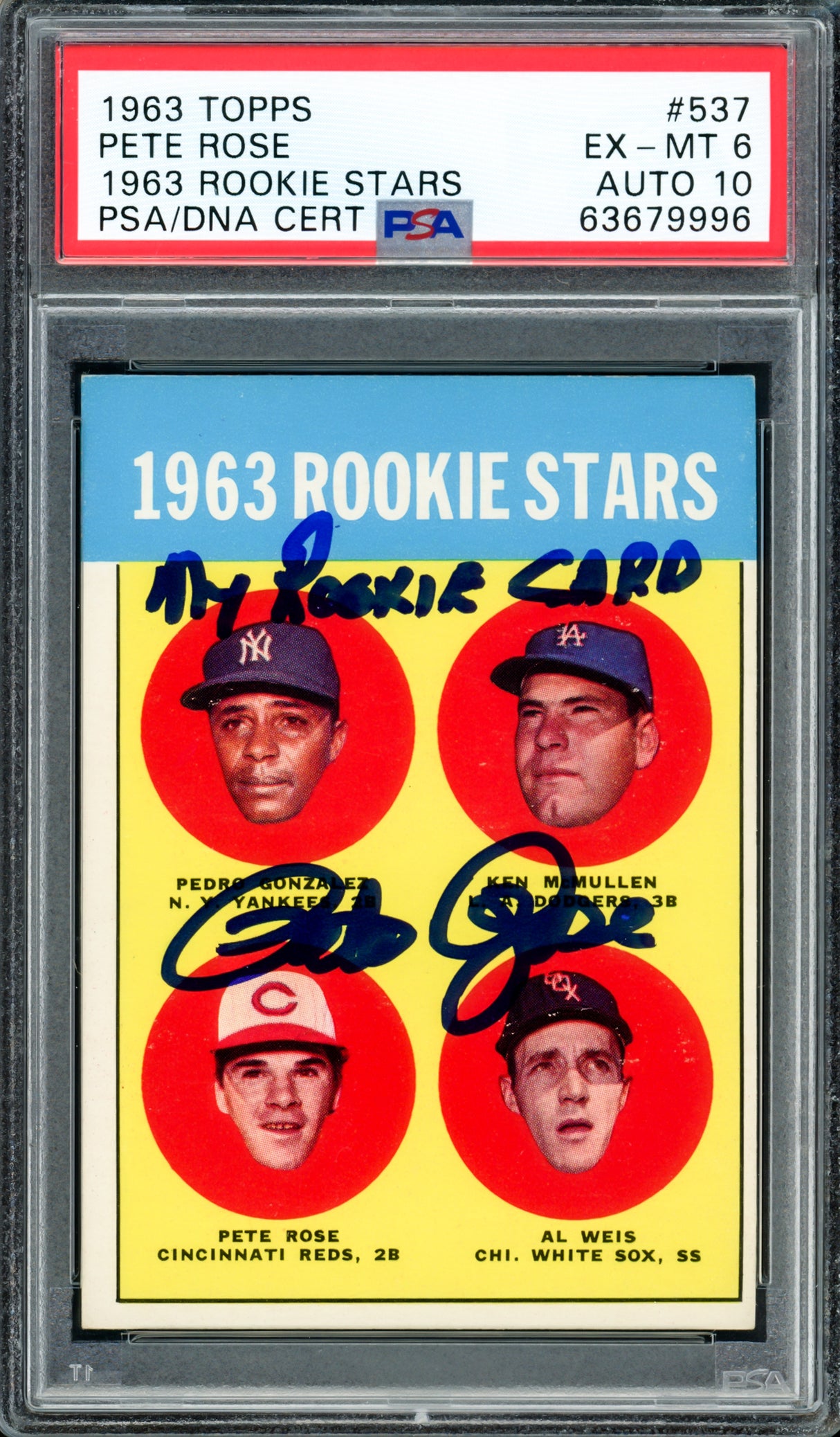 Pete Rose Autographed 1963 Topps Rookie Card #537 Cincinnati Reds PSA 6 Auto Grade Gem Mint 10 "My Rookie Card" PSA/DNA #63679996