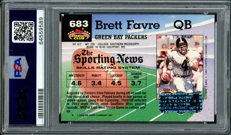 Brett Favre Autographed 1992 Topps Stadium Club Rookie Card #683 Green Bay Packers Auto Grade Gem Mint 10 PSA/DNA #64559589