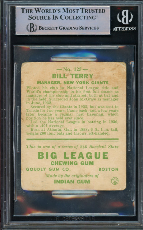 Bill Terry Autographed 1933 Goudey Rookie Card #125 New York Giants Beckett BAS #15091286