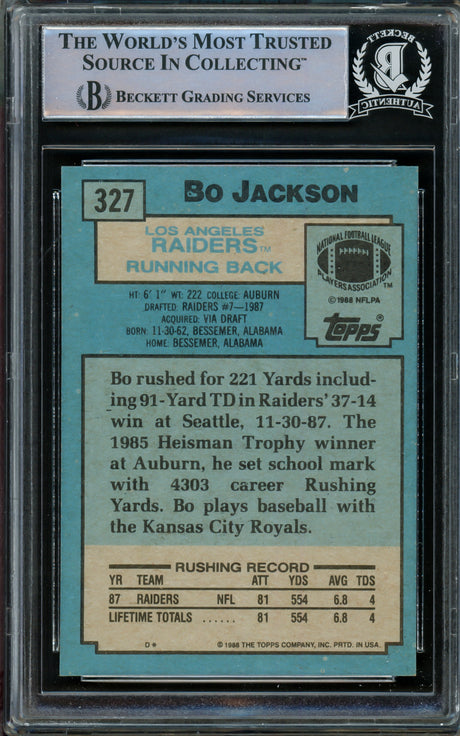 Bo Jackson Autographed 1988 Topps Rookie Card #327 Los Angeles Raiders Beckett BAS #15091478