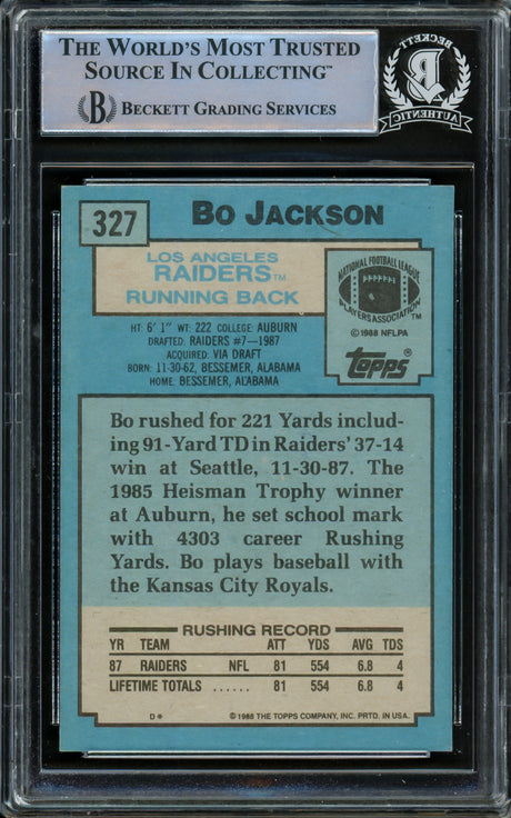 Bo Jackson Autographed 1988 Topps Rookie Card #327 Los Angeles Raiders Beckett BAS #15091480