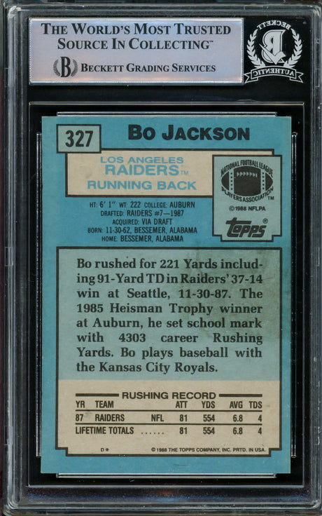 Bo Jackson Autographed 1988 Topps Rookie Card #327 Los Angeles Raiders Beckett BAS #15091483