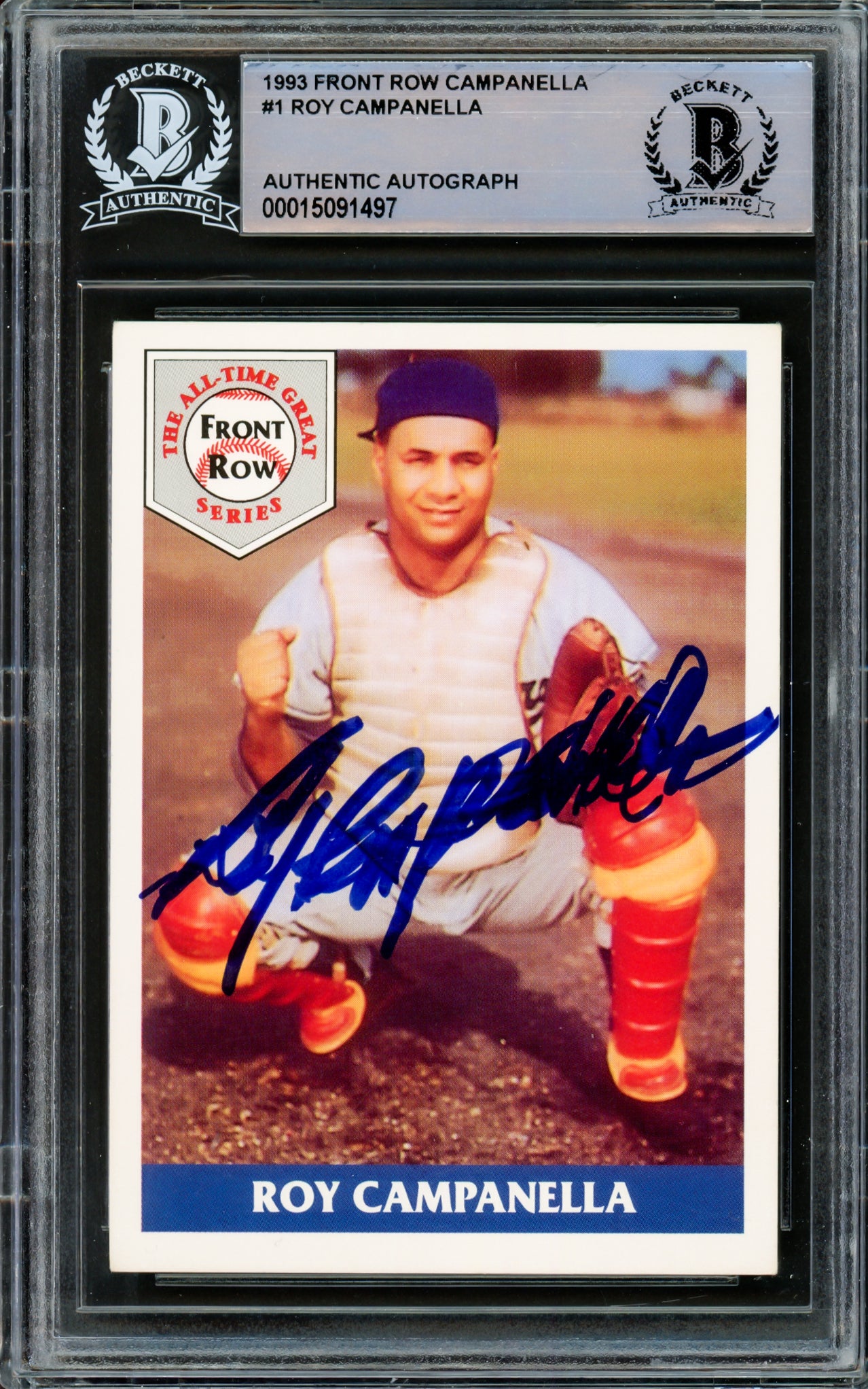 Roy Campanella Autographed 1992 Front Row Card #1 Brooklyn Dodgers Beckett BAS #15091497