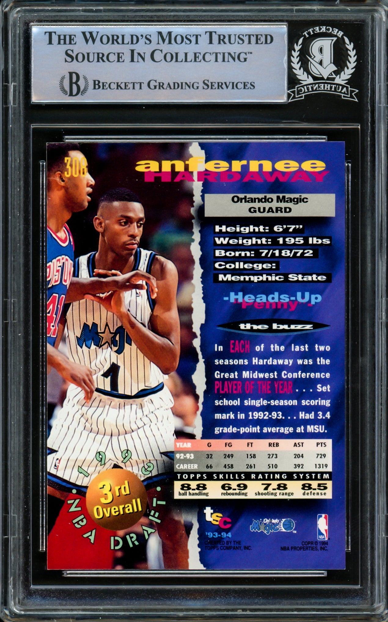 Anfernee Penny Hardaway Autographed 1993-94 Stadium Club Rookie Card #308 Orlando Magic Beckett BAS #15091591