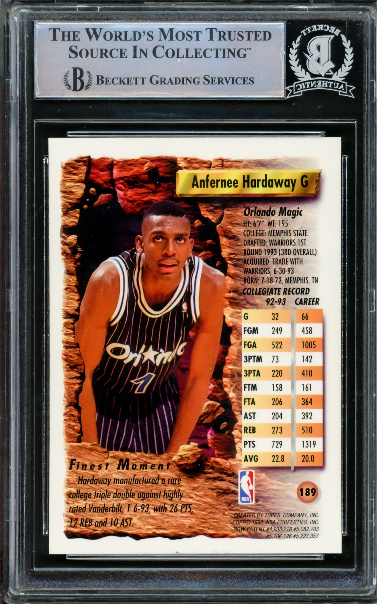 Anfernee Penny Hardaway Autographed 1993-94 Topps Finest Rookie Card #189 Orlando Magic Beckett BAS #15091603