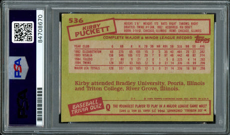 Kirby Puckett Autographed 1985 Topps Rookie Card #536 Minnesota Twins PSA/DNA #84708670