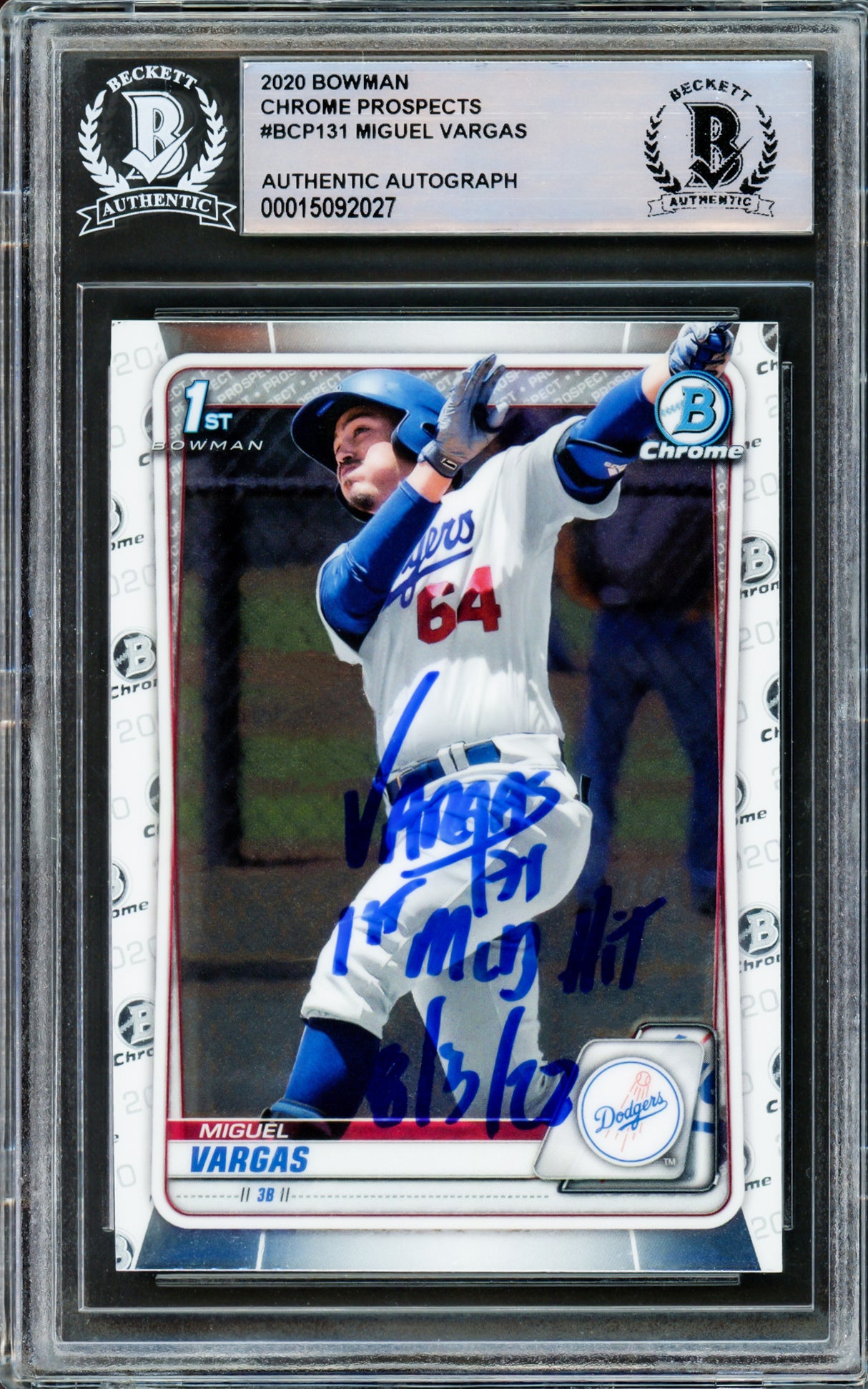 Miguel Vargas Autographed 2020 Bowman Chrome Rookie Card #BCP-131 Dodgers, White Sox "1st MLB Hit 8/3/22" Beckett BAS Stock #210840