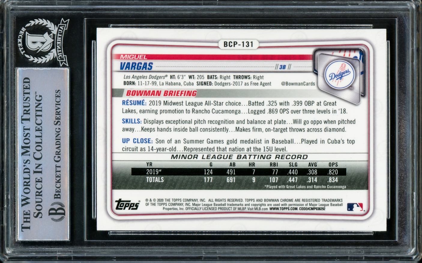 Miguel Vargas Autographed 2020 Bowman Chrome Rookie Card #BCP-131 Los Angeles Dodgers "1st MLB HR 9/24/22" Beckett BAS Stock #210841