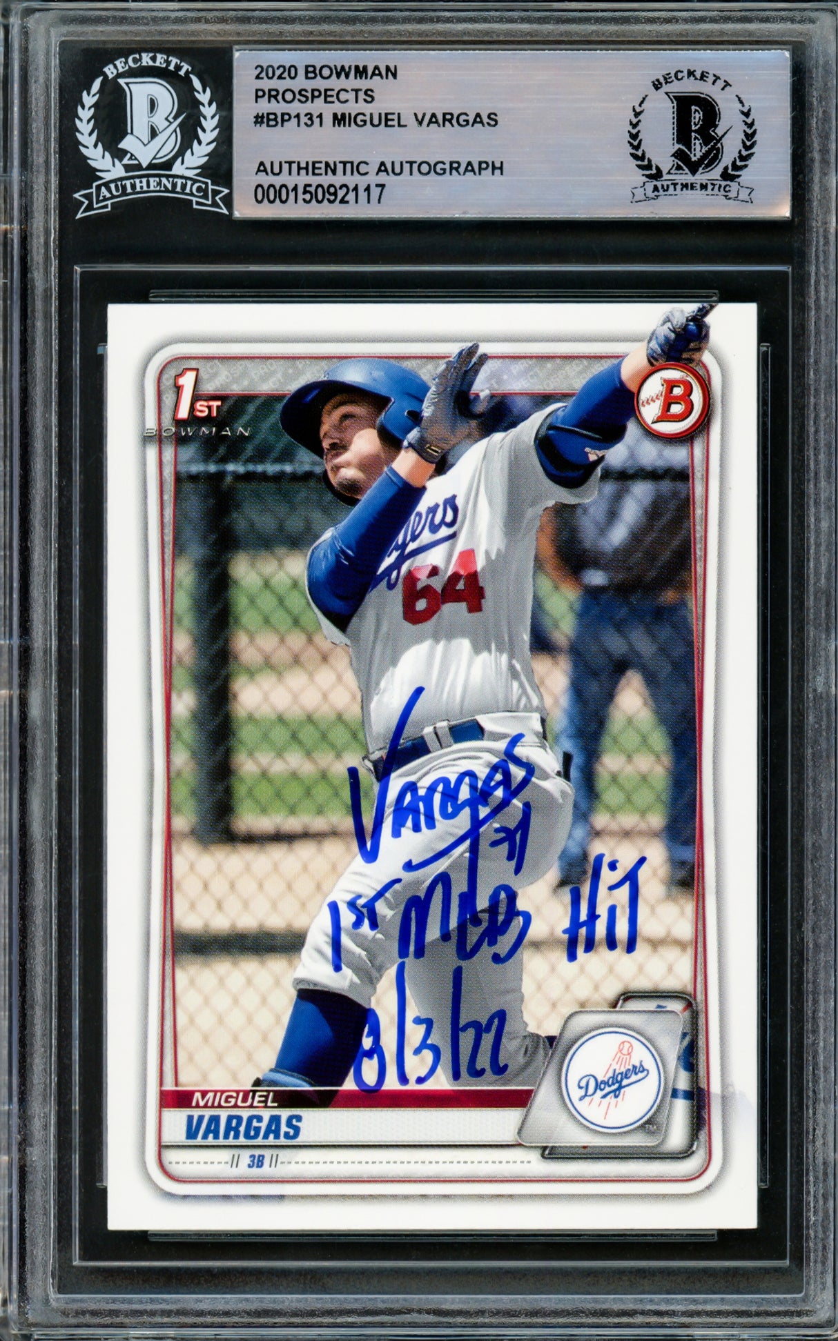 Miguel Vargas Autographed 2020 Bowman Prospects Rookie Card #BP-131 Dodgers, White Sox "1st MLB Hit 8/3/22" Beckett BAS Stock #210842