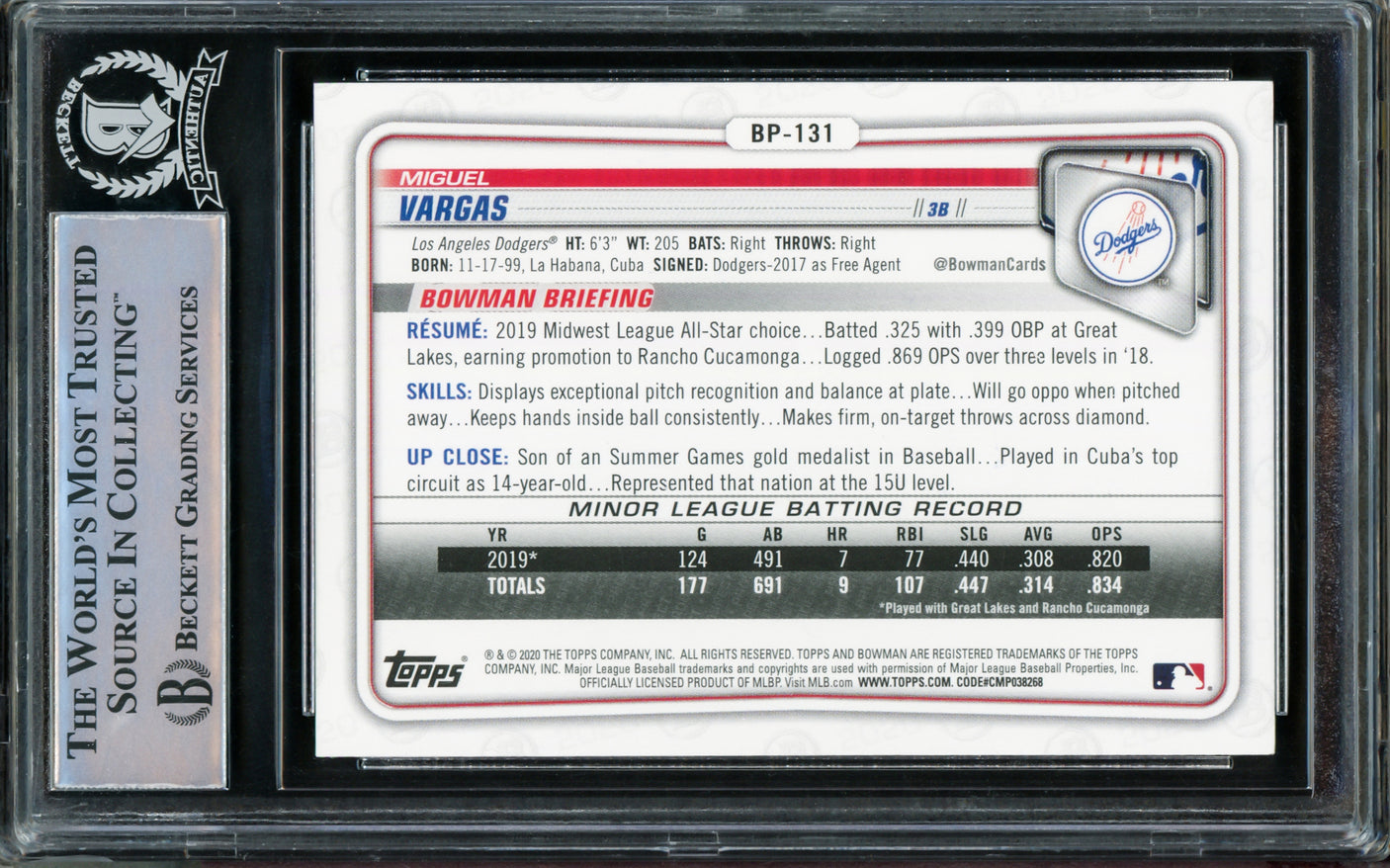 Miguel Vargas Autographed 2020 Bowman Prospects Rookie Card #BP-131 Los Angeles Dodgers "1st MLB Hit 8/3/22" Beckett BAS Stock #210842