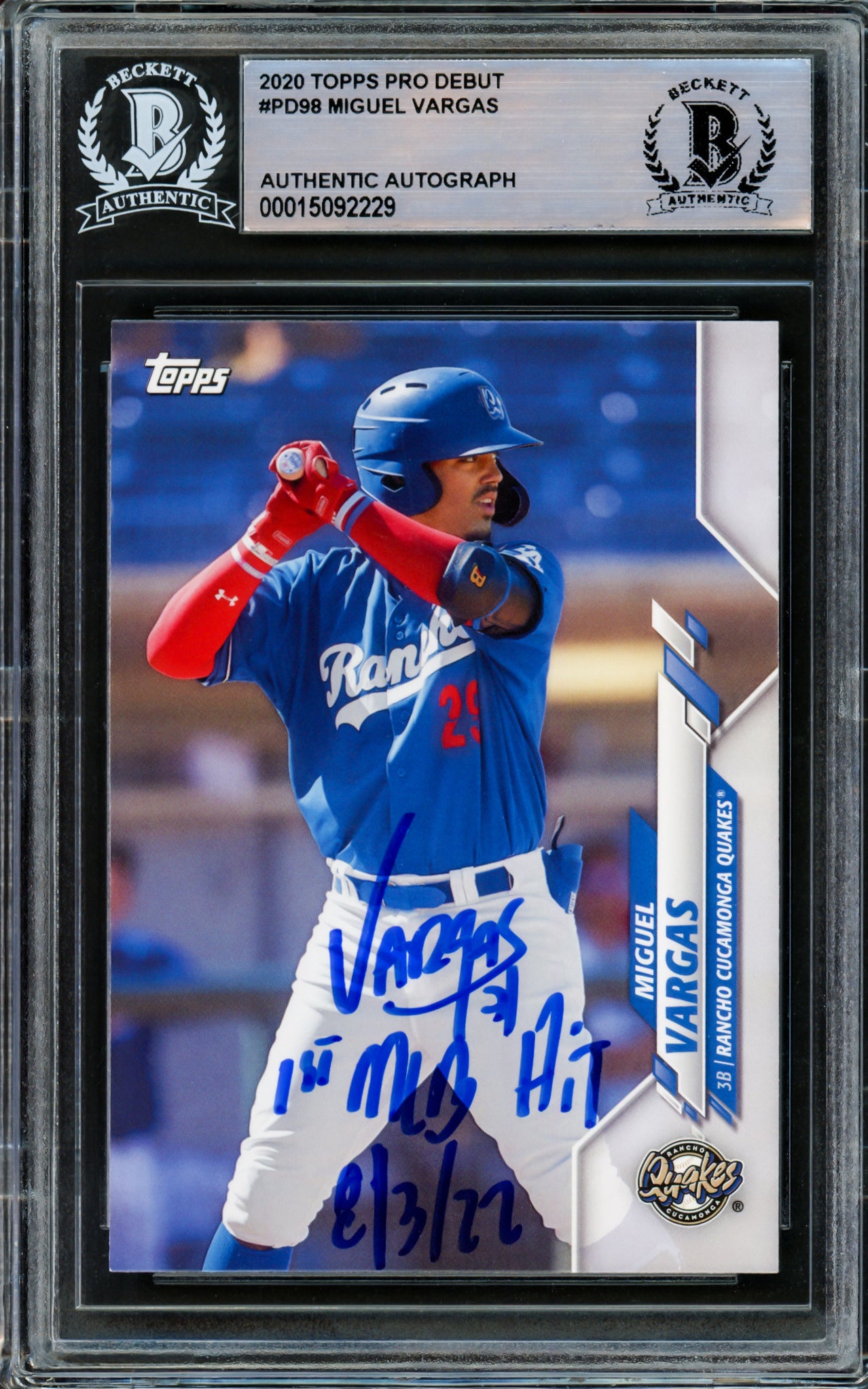 Miguel Vargas Autographed 2020 Topps Pro Debut Rookie Card #PD-98 Los Angeles Dodgers "1st MLB Hit 8/3/22" Beckett BAS Stock #210844