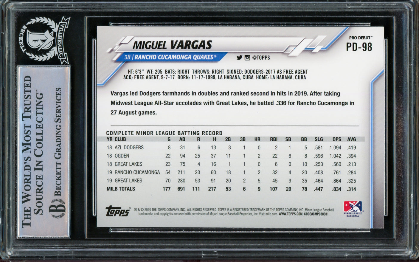 Miguel Vargas Autographed 2020 Topps Pro Debut Rookie Card #PD-98 Los Angeles Dodgers "1st MLB Hit 8/3/22" Beckett BAS Stock #210844