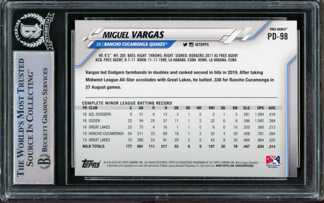 Miguel Vargas Autographed 2020 Topps Pro Debut Rookie Card #PD-98 Los Angeles Dodgers "1st MLB Hit 8/3/22" Beckett BAS Stock #210844