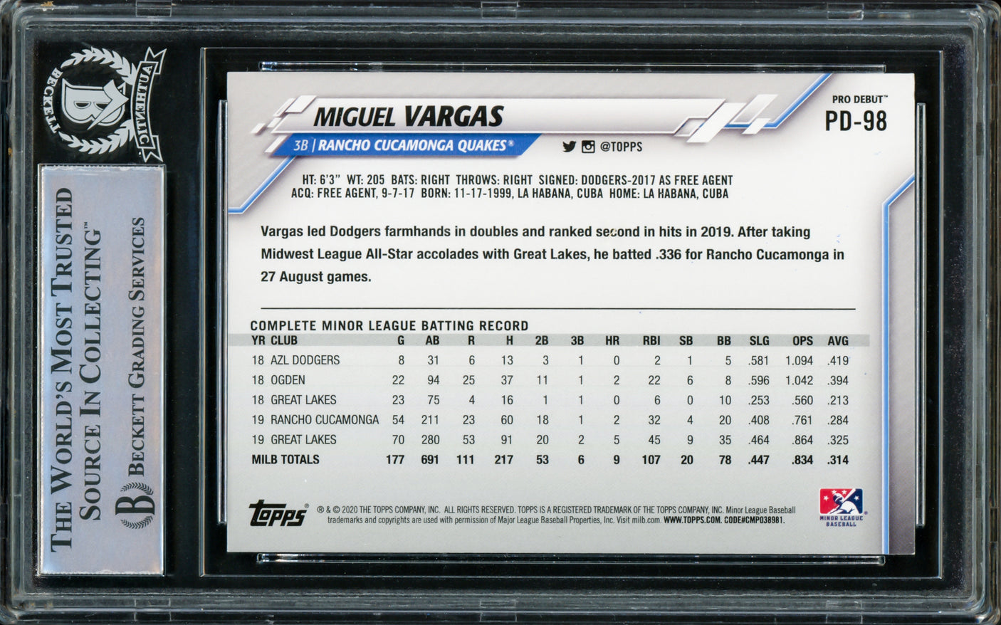 Miguel Vargas Autographed 2020 Topps Pro Debut Rookie Card #PD-98 Los Angeles Dodgers "1st MLB HR 9/24/22" Beckett BAS Stock #210845