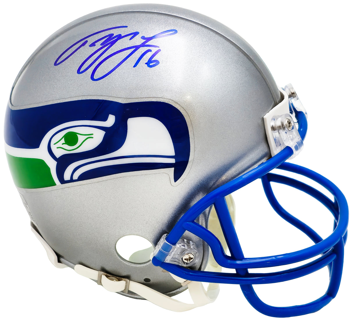 Tyler Lockett Autographed Seattle Seahawks 1983-2001 Silver Throwback Speed Mini Helmet MCS Holo Stock #222033