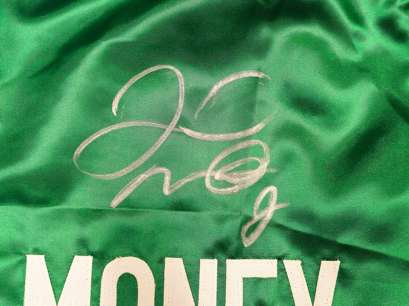 Floyd Mayweather Jr. Autographed Green Boxing Trunks Beckett BAS Witness Stock #221642