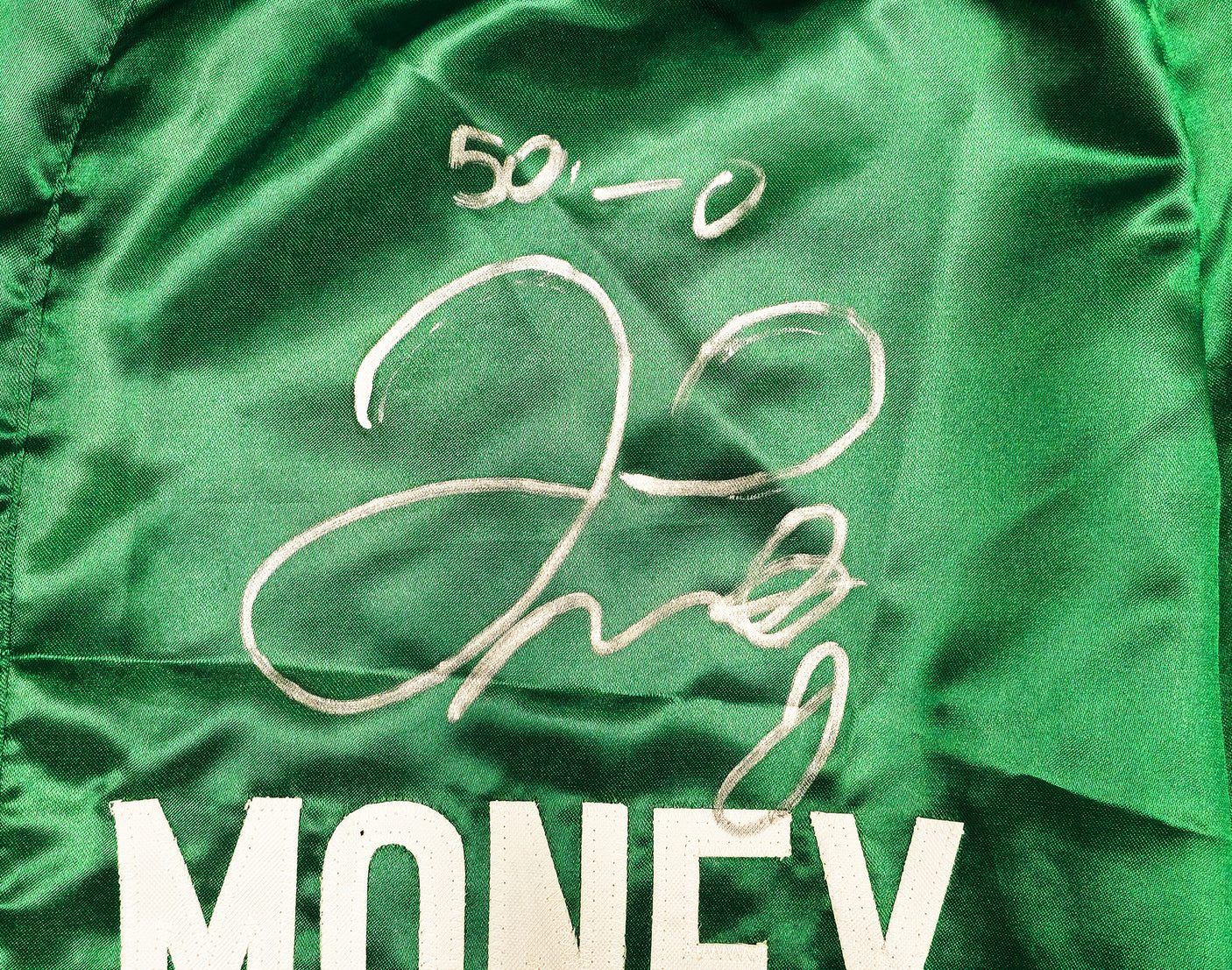 Floyd Mayweather Jr. Autographed Green Boxing Trunks "50-0" Beckett BAS Witness Stock #221643