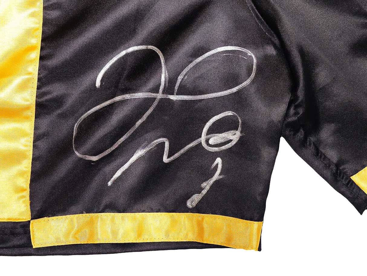 Floyd Mayweather Jr. Autographed Black & Gold Boxing Trunks Beckett BAS Witness Stock #221640
