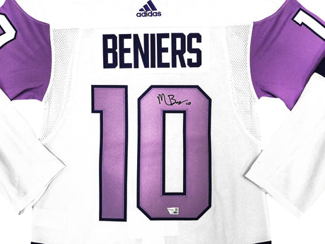 Seattle Kraken Matty Beniers Autographed White & Purple Adidas Authentic Hockey Fights Cancer Jersey Size 44 Fanatics Holo Stock #222023