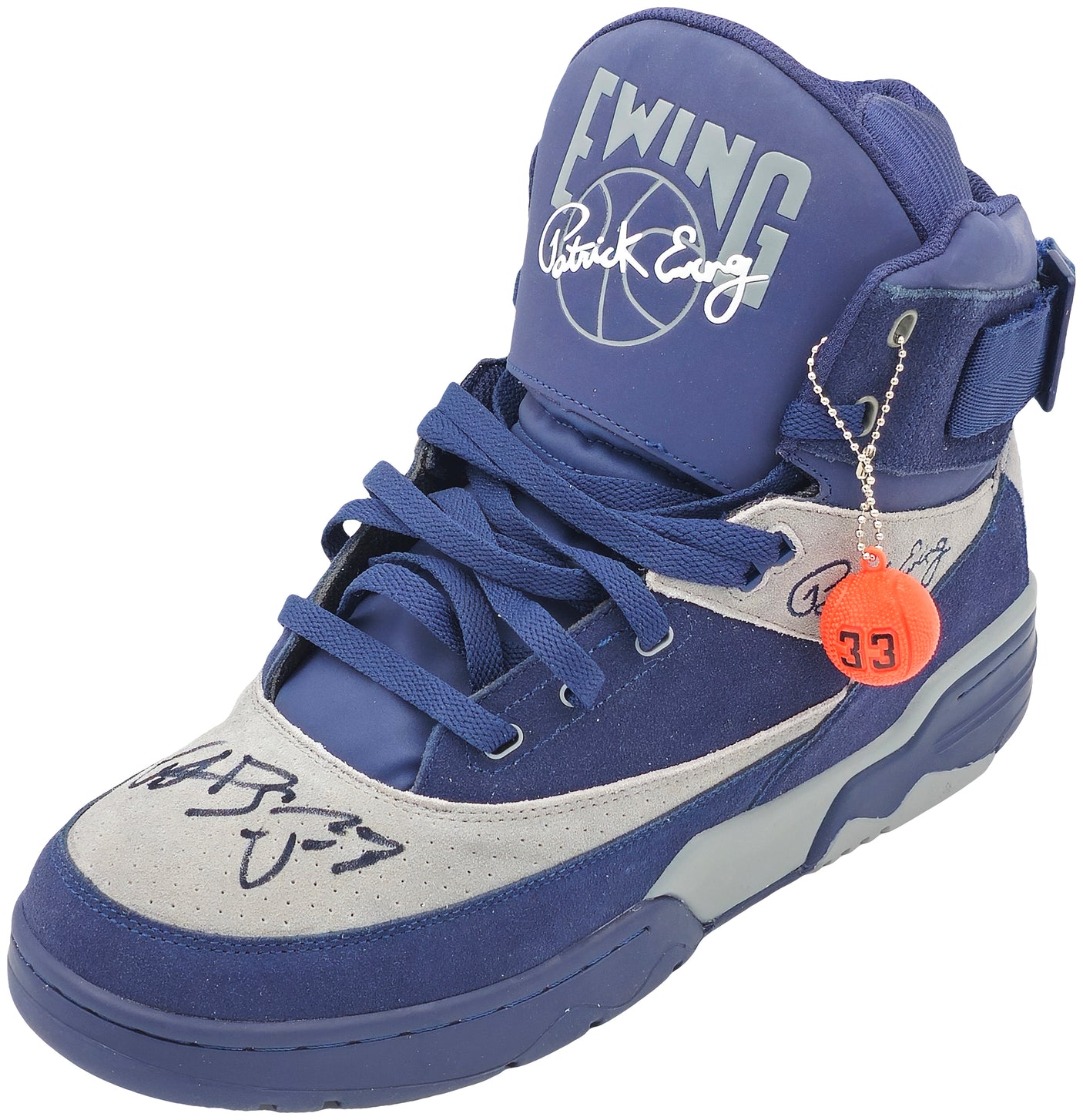 Patrick Ewing Autographed Navy & Grey Ewing Athletics 33 HI OG Left Shoe Georgetown Hoyas Size 14 W/ Box Beckett BAS Witness Stock #236557