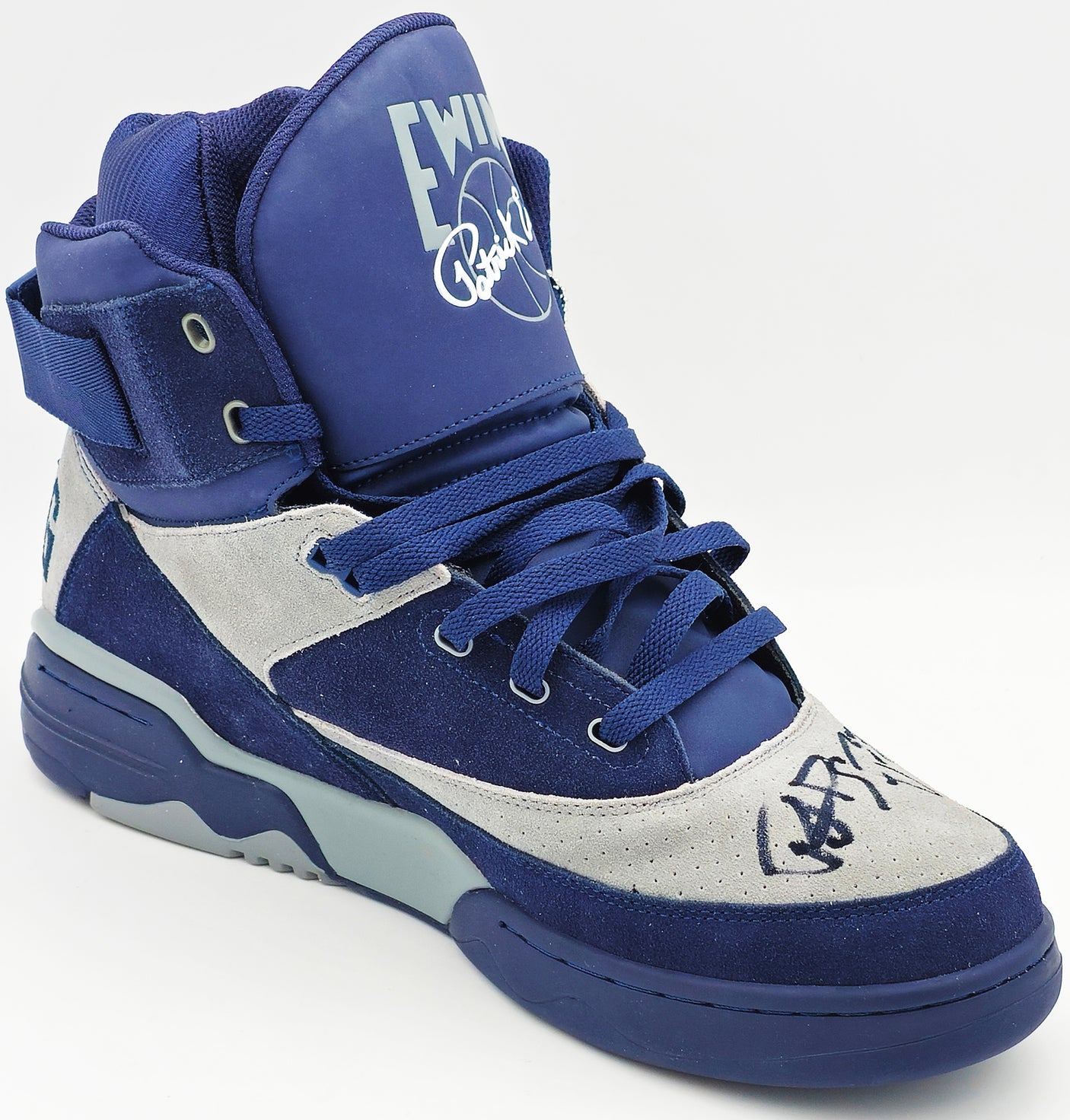 Patrick Ewing Autographed Navy & Grey Ewing Athletics 33 HI OG Left Shoe Georgetown Hoyas Size 14 W/ Box Beckett BAS Witness Stock #236557