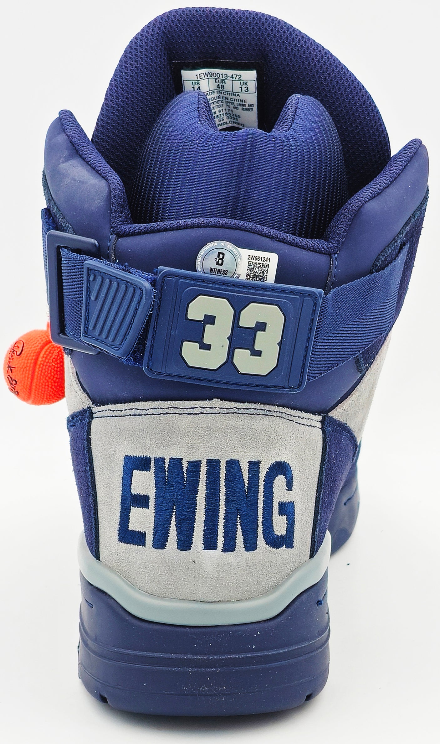Patrick Ewing Autographed Navy & Grey Ewing Athletics 33 HI OG Left Shoe Georgetown Hoyas Size 14 W/ Box Beckett BAS Witness Stock #236557