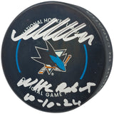 Macklin Celebrini Autographed Official San Jose Sharks Logo Hockey Game Puck "NHL Debut 10-10-24" Fanatics Holo Stock #236537