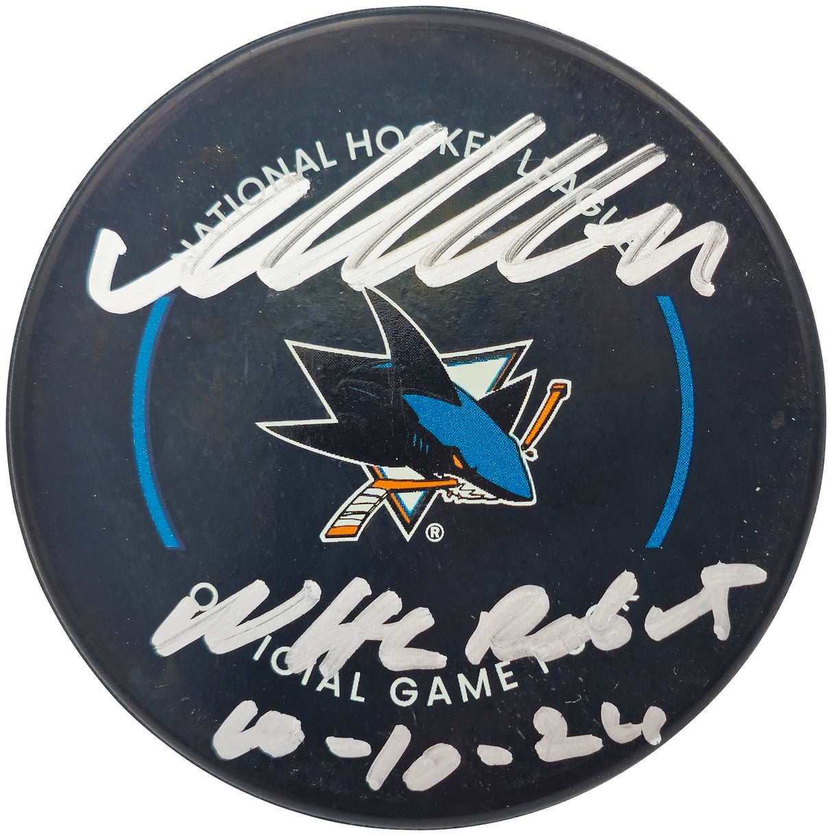 Macklin Celebrini Autographed Official San Jose Sharks Logo Hockey Game Puck "NHL Debut 10-10-24" Fanatics Holo Stock #236537
