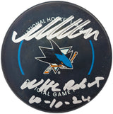 Macklin Celebrini Autographed Official San Jose Sharks Logo Hockey Game Puck "NHL Debut 10-10-24" Fanatics Holo Stock #236537