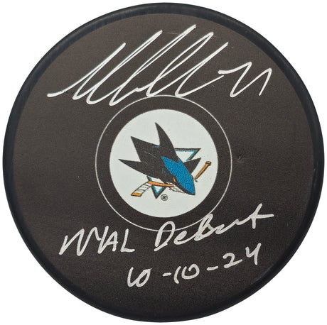 Macklin Celebrini Autographed Official San Jose Sharks Logo Hockey Puck "NHL Debut 10-10-24" Fanatics Holo Stock #236539