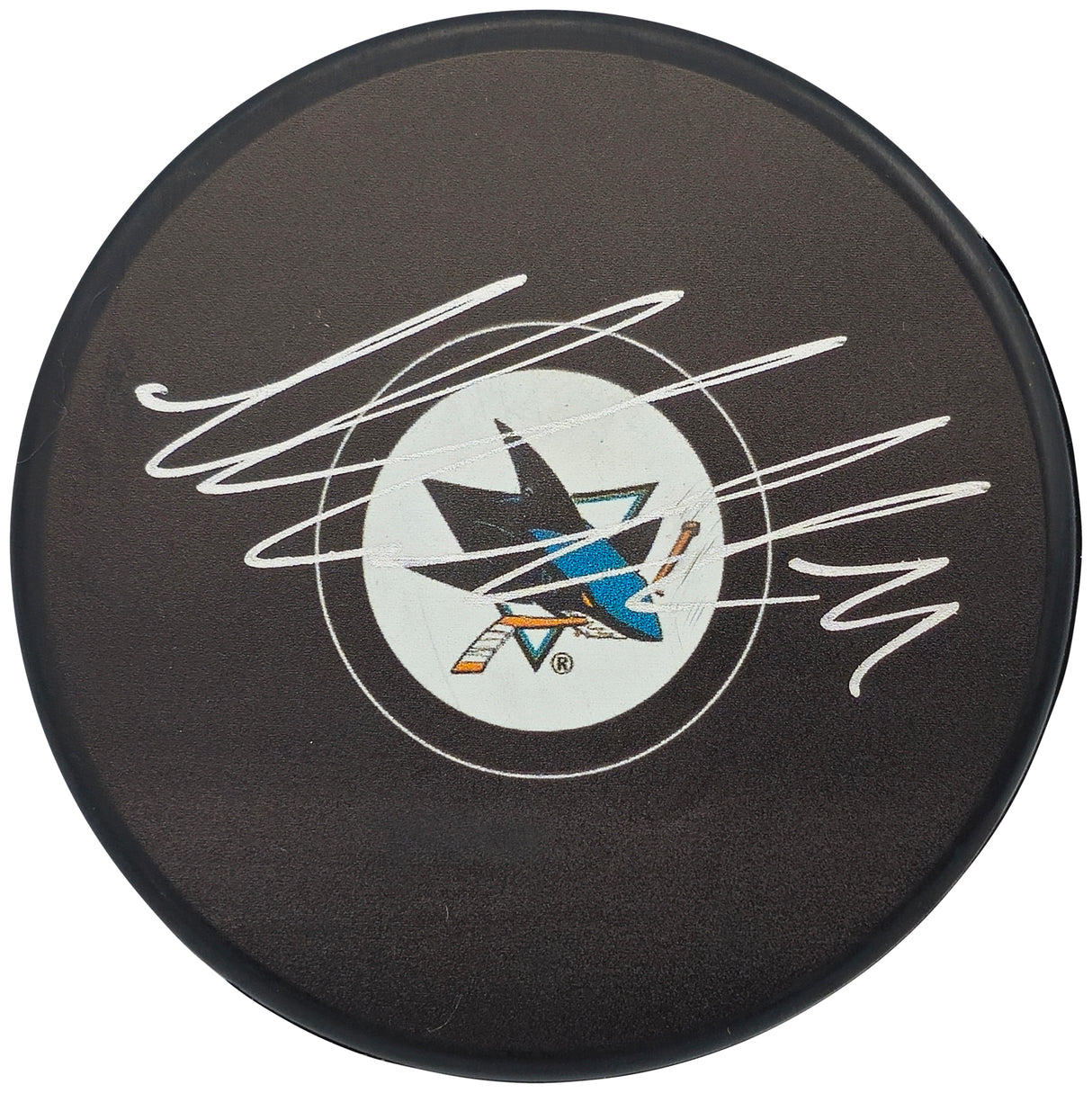 Macklin Celebrini Autographed Official San Jose Sharks Logo Hockey Puck Fanatics Holo Stock #236540