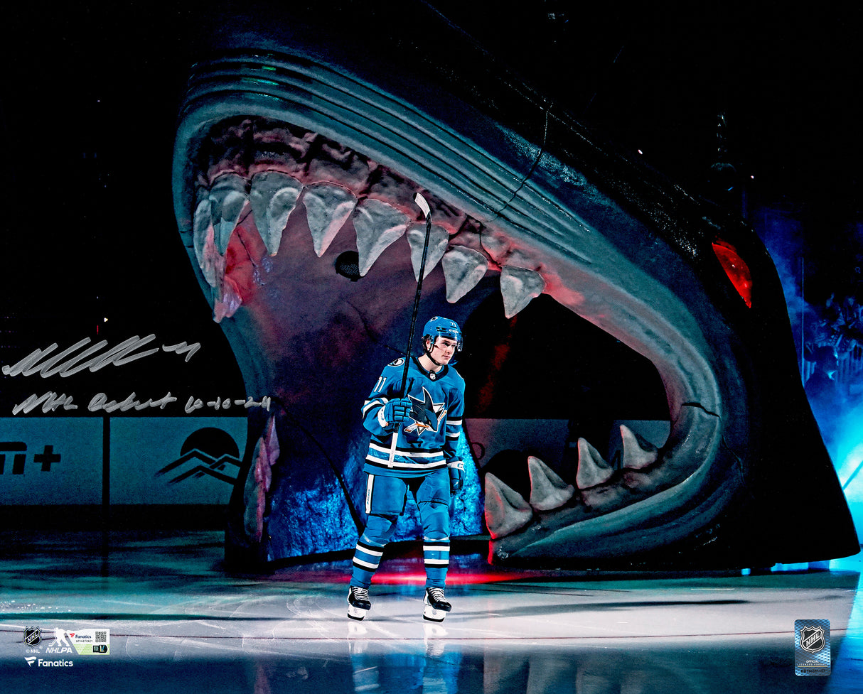 Macklin Celebrini Autographed 16x20 Photo San Jose Sharks "NHL Debut 10-10-24" Fanatics Holo Stock #236533