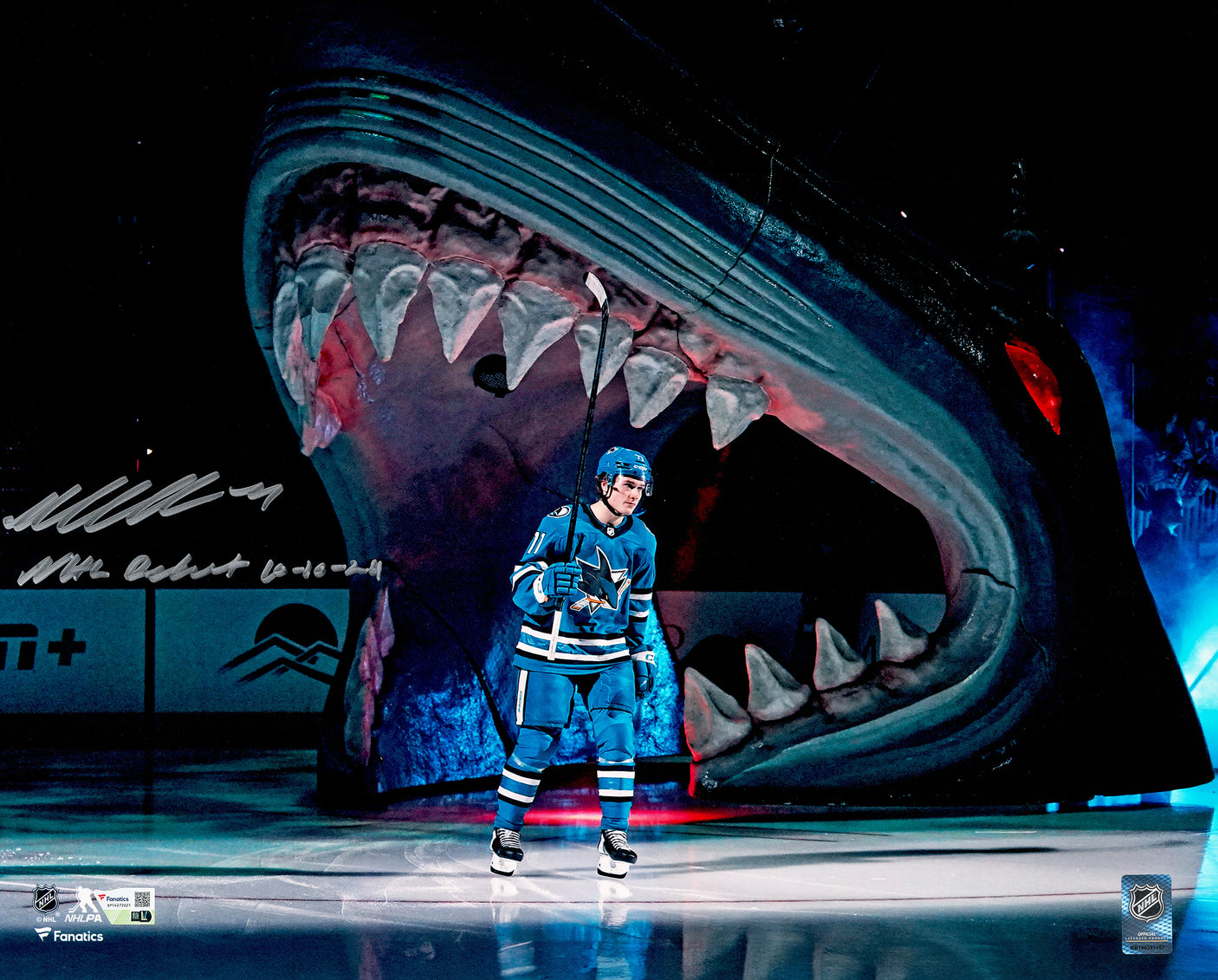 Macklin Celebrini Autographed 16x20 Photo San Jose Sharks "NHL Debut 10-10-24" Fanatics Holo Stock #236533